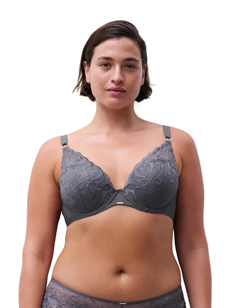 Chantelle - Soutien-gorge T-shirt décolleté plongeant Fleurs Gris fantaisie