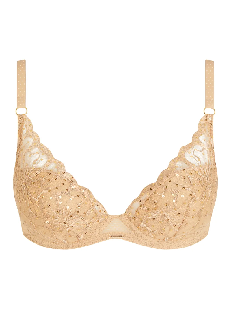 Chantelle - Soutien-gorge T-shirt plongeant à sequins couleur caramel, motif fleurs signature – Image 5