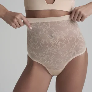 ByeBra - Lingerie sculptante en dentelle, string gainant taille haute beige