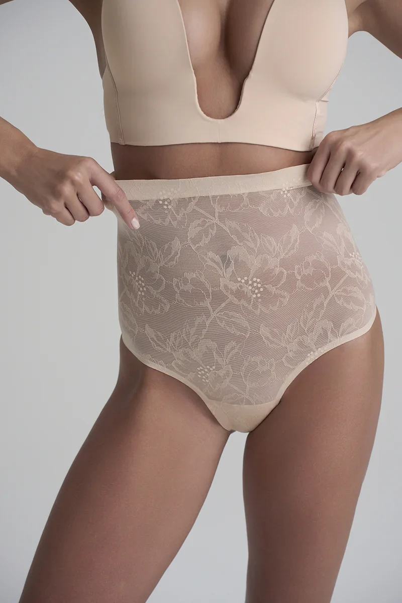 ByeBra - Lingerie sculptante en dentelle, string gainant taille haute beige